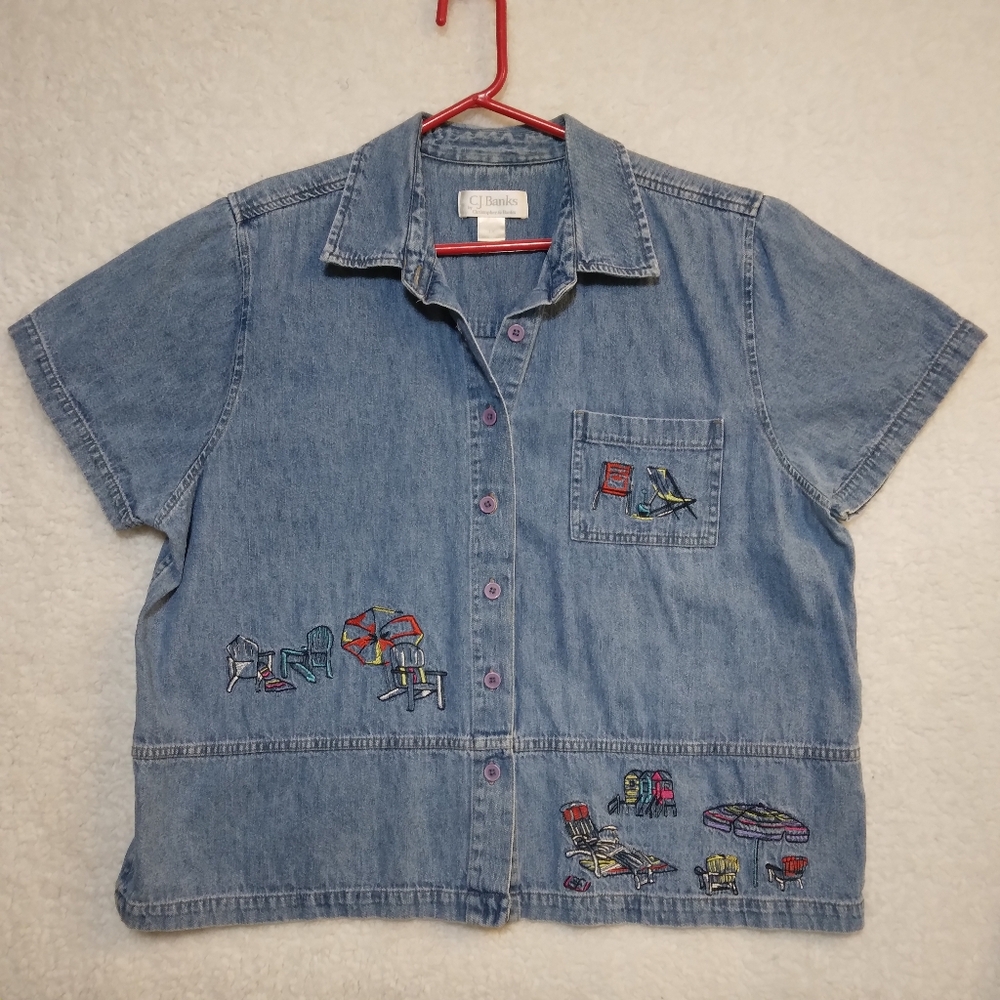 CJ Banks Women's Embroidered Denim Blouse- 1X